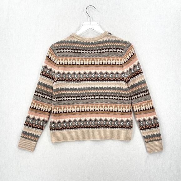 J CREW Fair Isle Cropped Crewneck Sweater Womens XS Cream Gray Brown Wool Blend - Picture 4 of 14